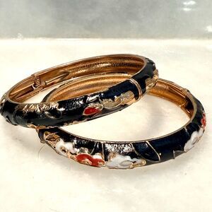 NWT UJOY Enameled Floral Cloisonne Cuff Black Gold-tone Bangle Bracelet Set of 2